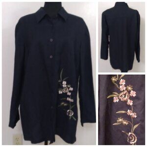 New Worthington 16W Indigo Blue Top Shirt Floral Embroider Linen/Rayon Lg Sleeve